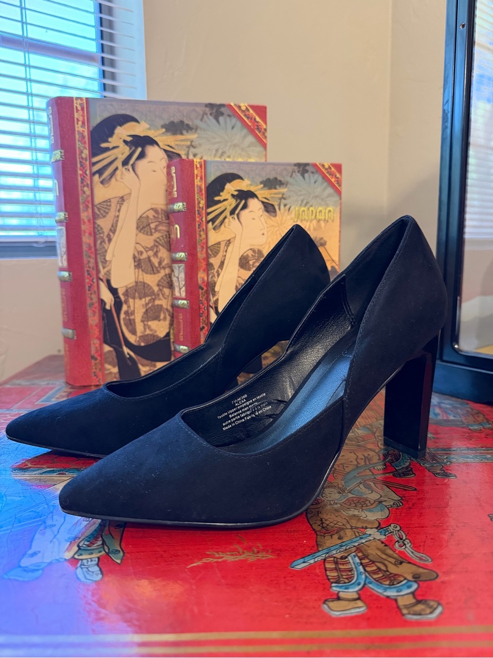 Andrew Marc Black Pointed-Toe Suede Pumps with Block Heel